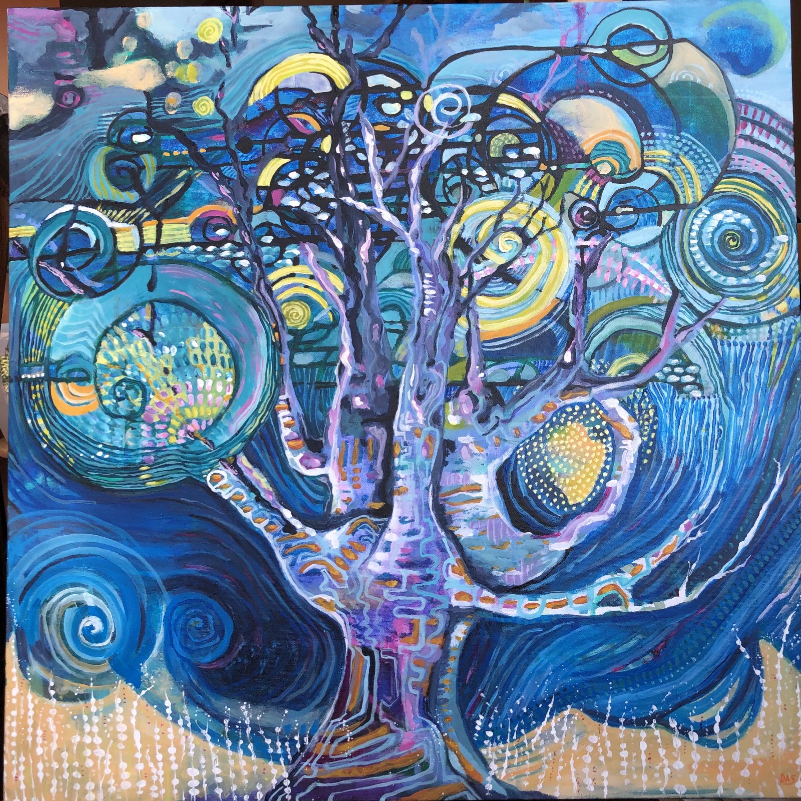 A painting of a tree in shades of blue.