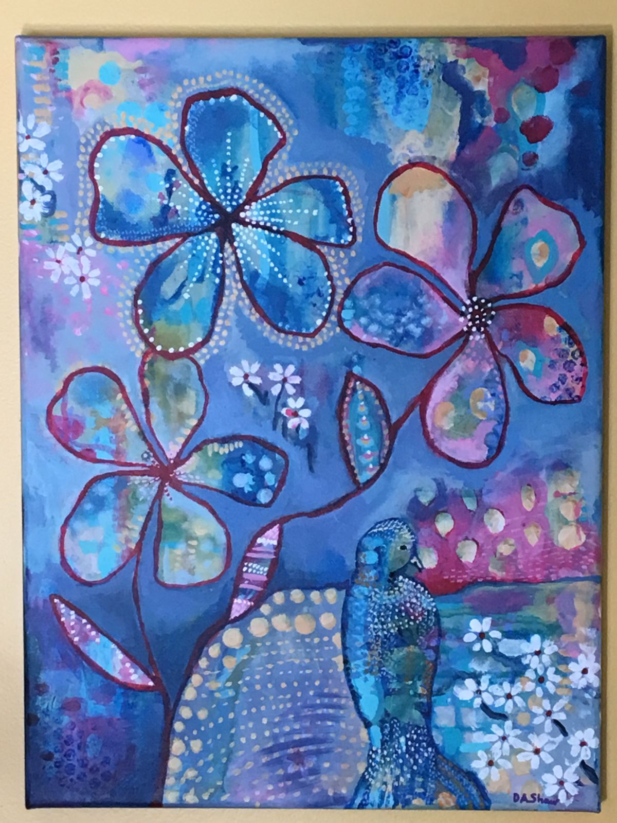 A painting of flowers in shades of blue.