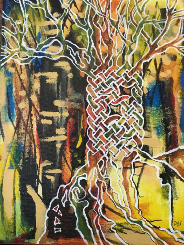 A painting of a tree with a trunk made of a celtic knot.