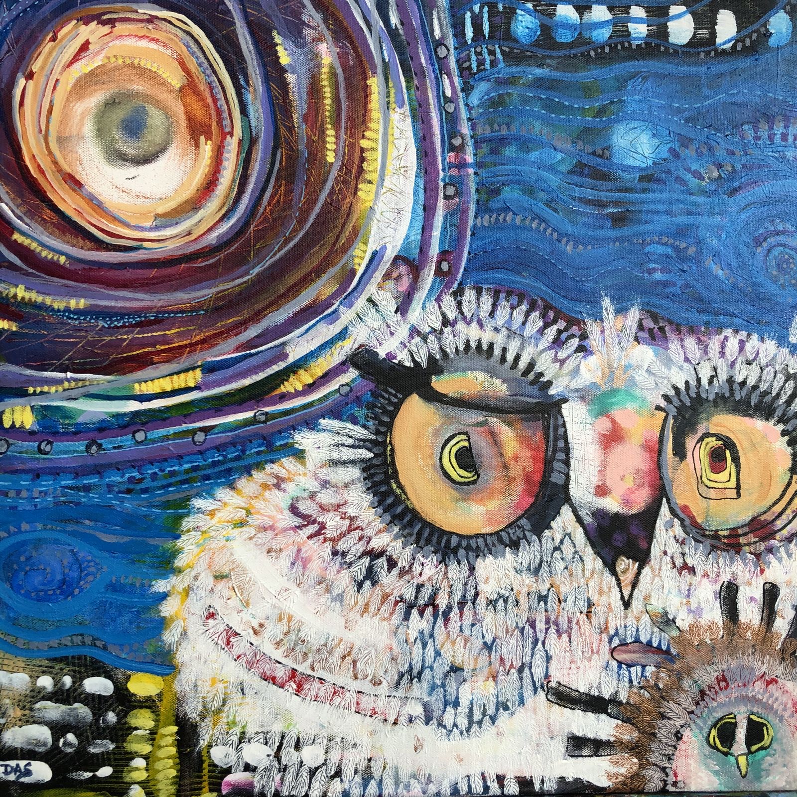 A painting of a fluffy white owl.