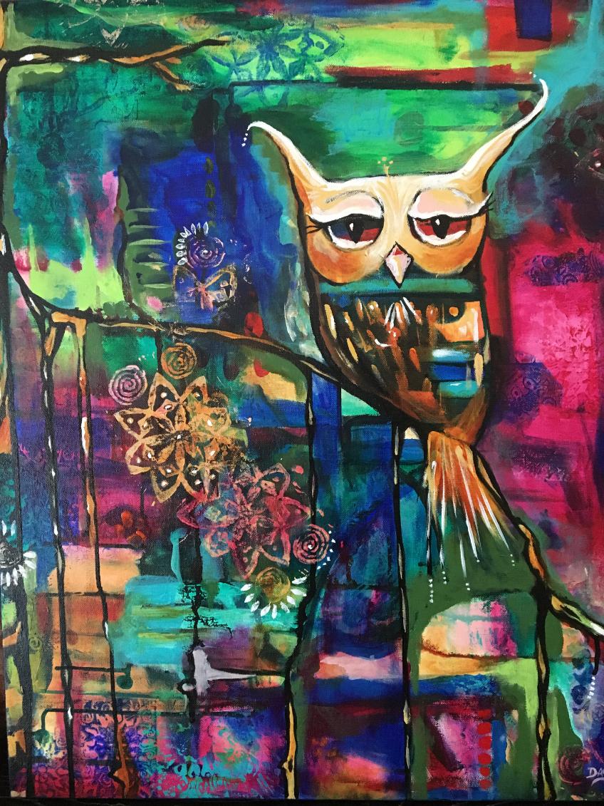 A colourful painting of an owl.