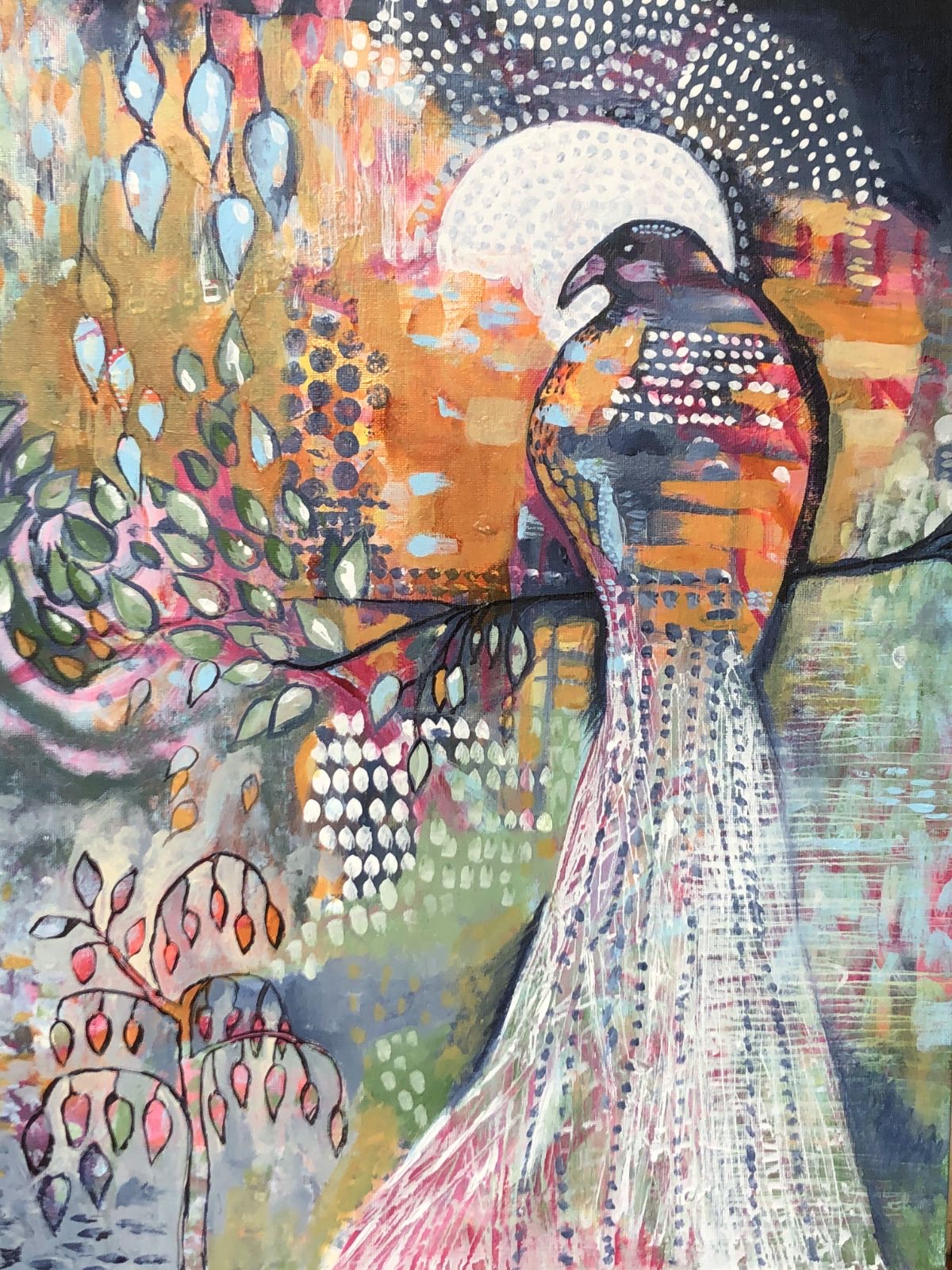 A painting with a bird and setting sun.