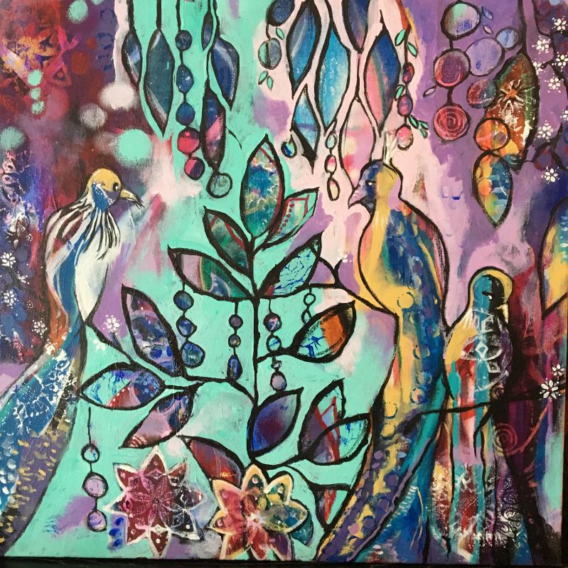 A painting of three birds.