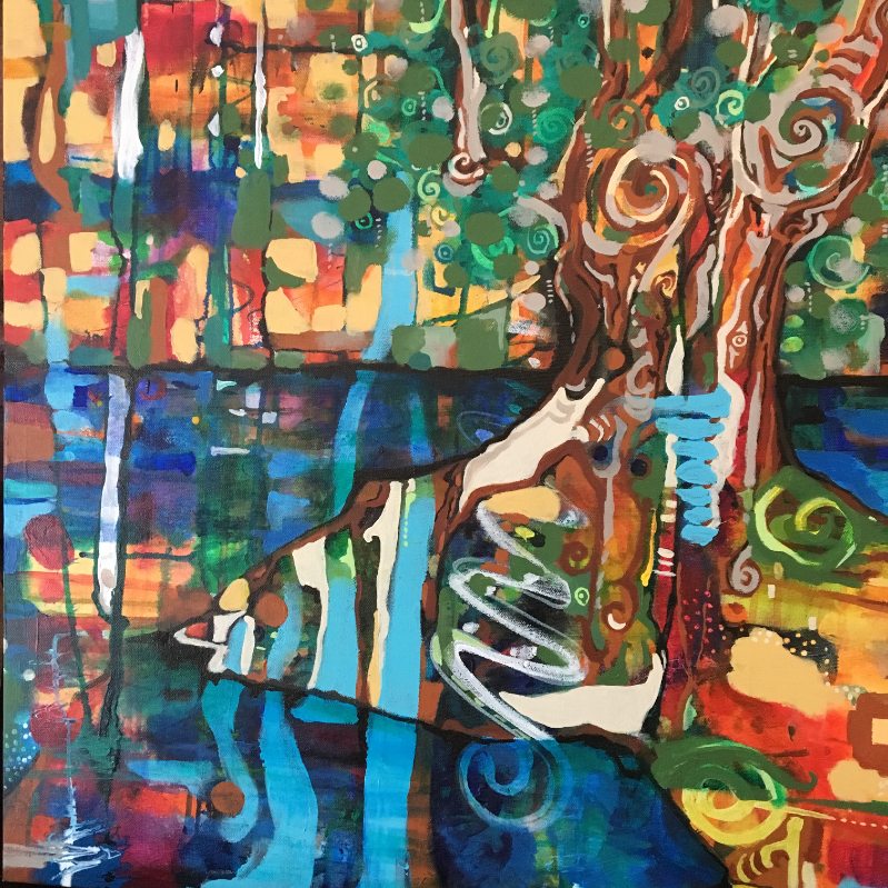 A painting of a tree and a lake.