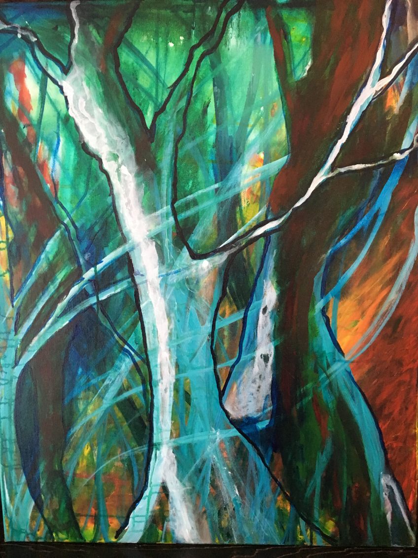 A painting of trees that gives the impression there is wind.